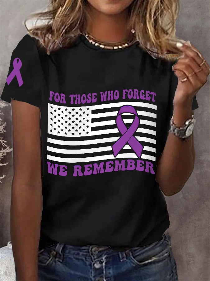 Women's For Those Who Forget We Remember, Purple Ribbon American Flag Alzheimer's Awareness Warrior Tee