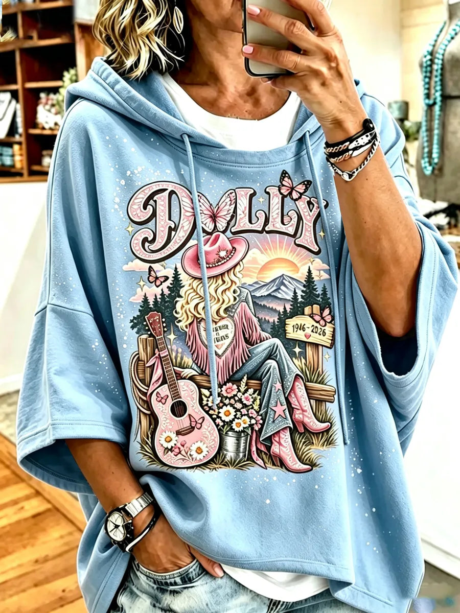 Women's commemorative printed round neck hooded sweatshirt