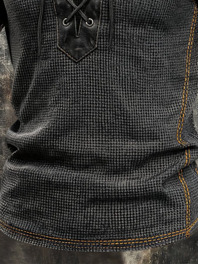 Men's Retro Waffle-Knit and Leather-Panel Lace-Up Collar T-Shirt