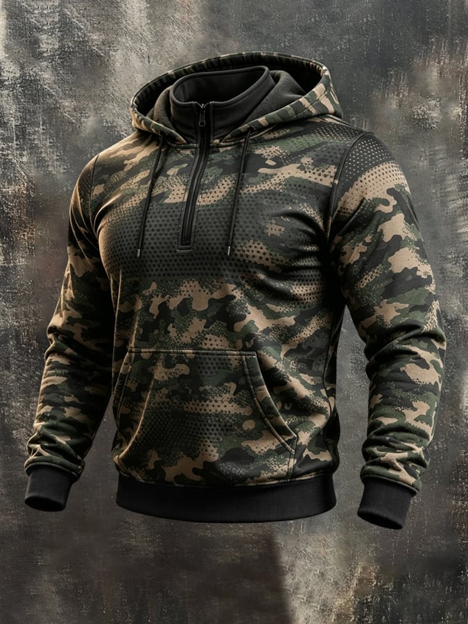 Men's Vintage Camo Print Quarter-Zip Hoodie