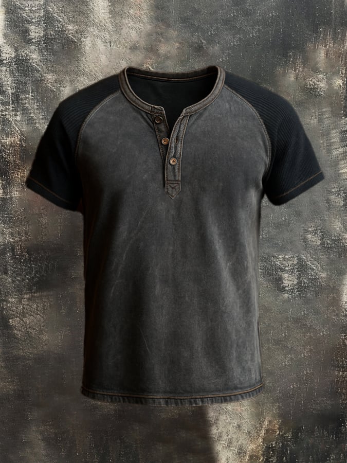 Men's casual retro washed cotton colorblock Henley t-shirt