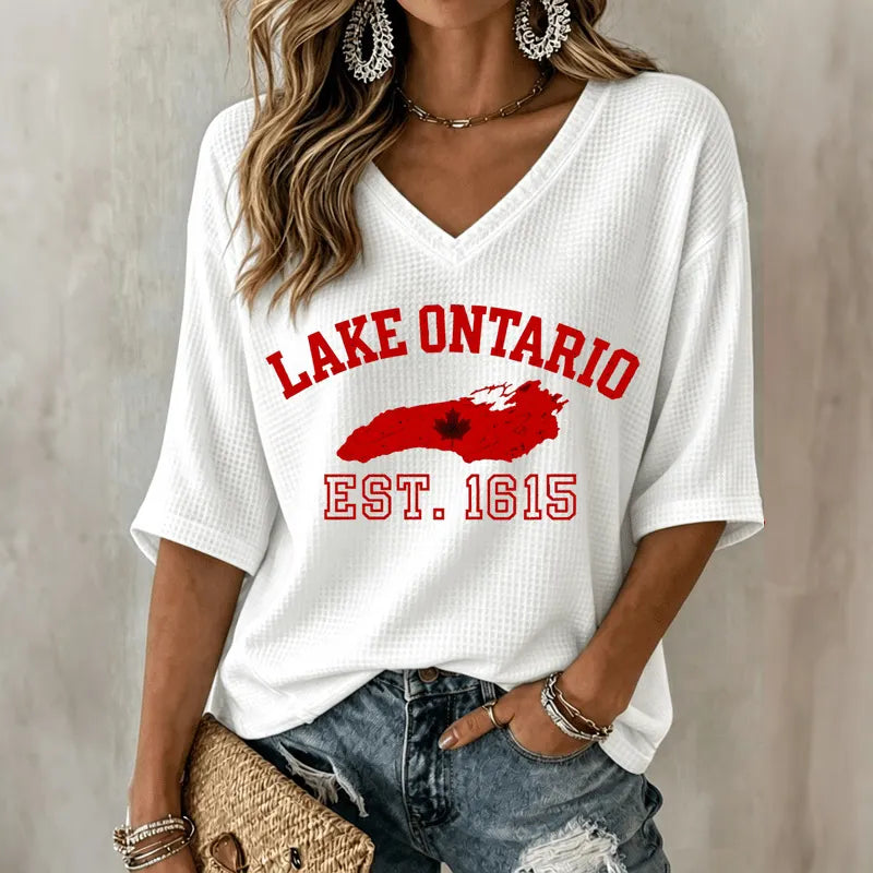 Women's Lake Ontario Printed Mid-length Sleeves V-neck T-shirt