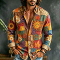Men's Peace Sign Sun Daisy Maple Color Block Print Long Sleeve Shirt