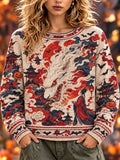 Women's Japanese Style Dragon, Pagoda And Red Moon Halloween Knit Sweater