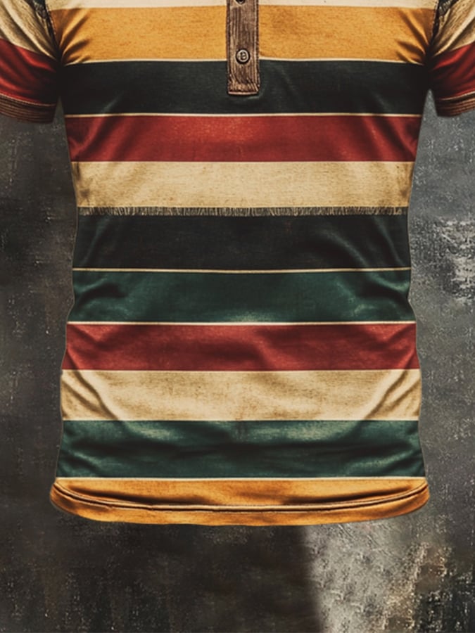 Men's Vintage Striped Casual Henley Short Sleeve T-Shirt