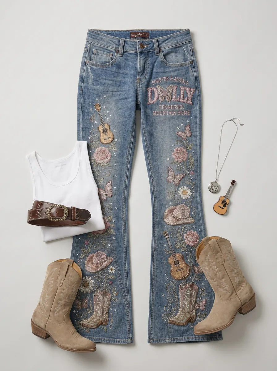 Women's Dolly Parton Guitar Butterfly Rose Printed Flare Jeans