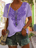 Women's Purple Flower Alzheimer's Awareness Support  Print Casual V-Neck Tee