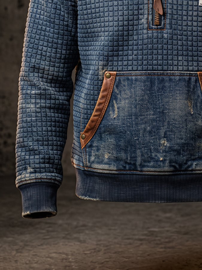 Men's Retro Textured Checkered Plush Hoodie