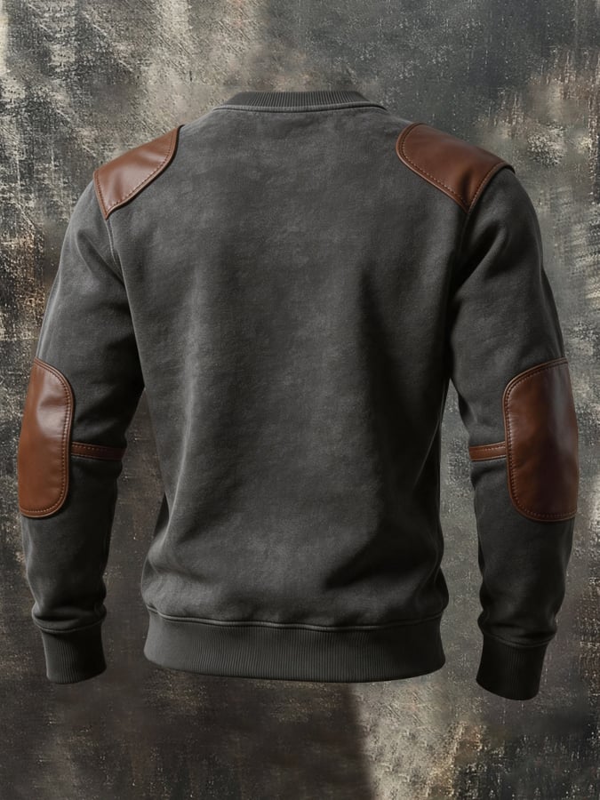 Men'S Retro Color-Block Crew-Neck Sweatshirt With Leather Paneling