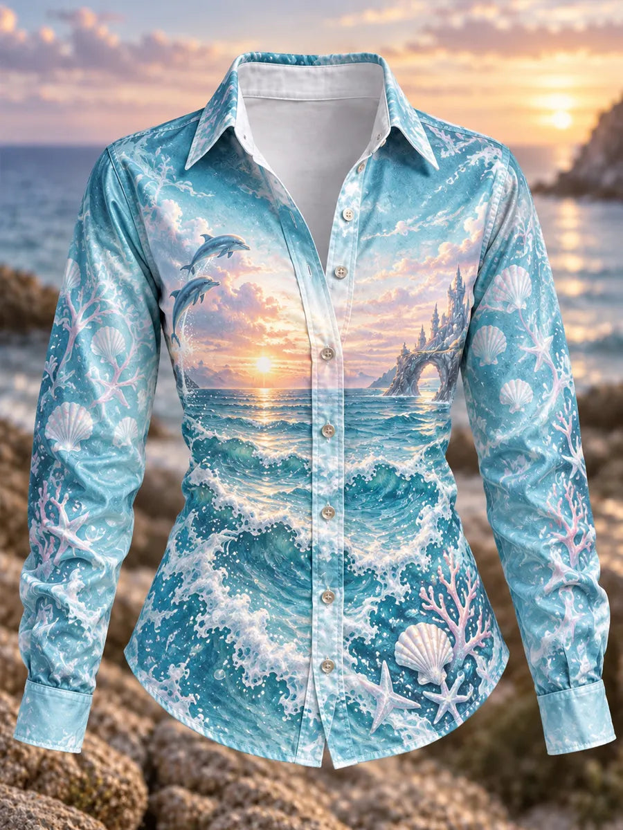 Women's Ocean Mermaid Long-Sleeved Button-Up Shirt