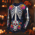 Men's Floral Sugar Skull And Human Skeleton Print Crew Neck Long Sleeve Waffle Sweatshirt