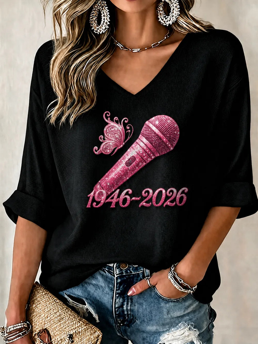 Women'S Commemorative Printed Waffle Top