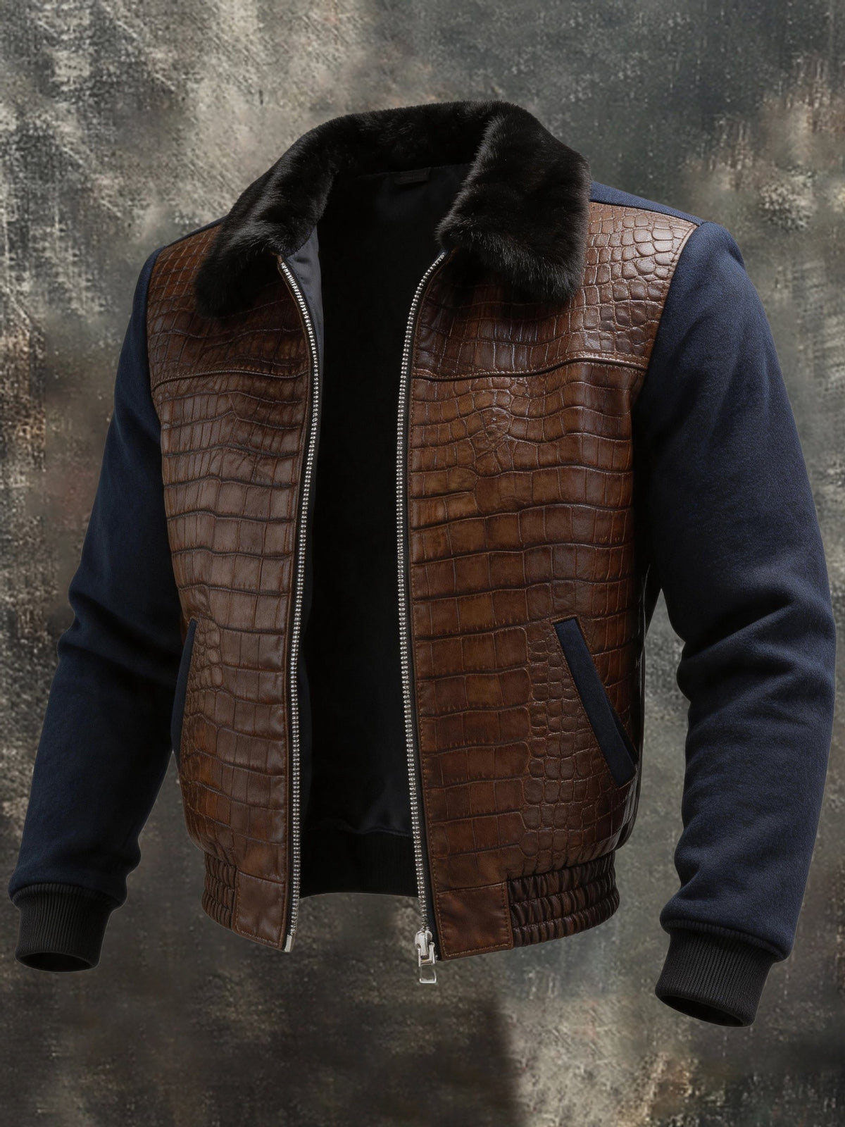 Men’s Vintage-Style Faux Leather Jacket with Crocodile-Texture Panels and Color-Block Design