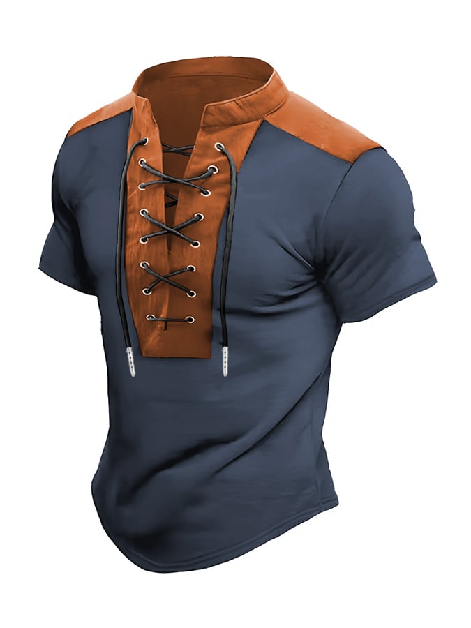 Men's Color Block Drawstring Short Sleeve T-Shirt