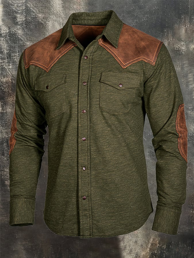 Men's Vintage-Style Color-Block Western Leather Shirt