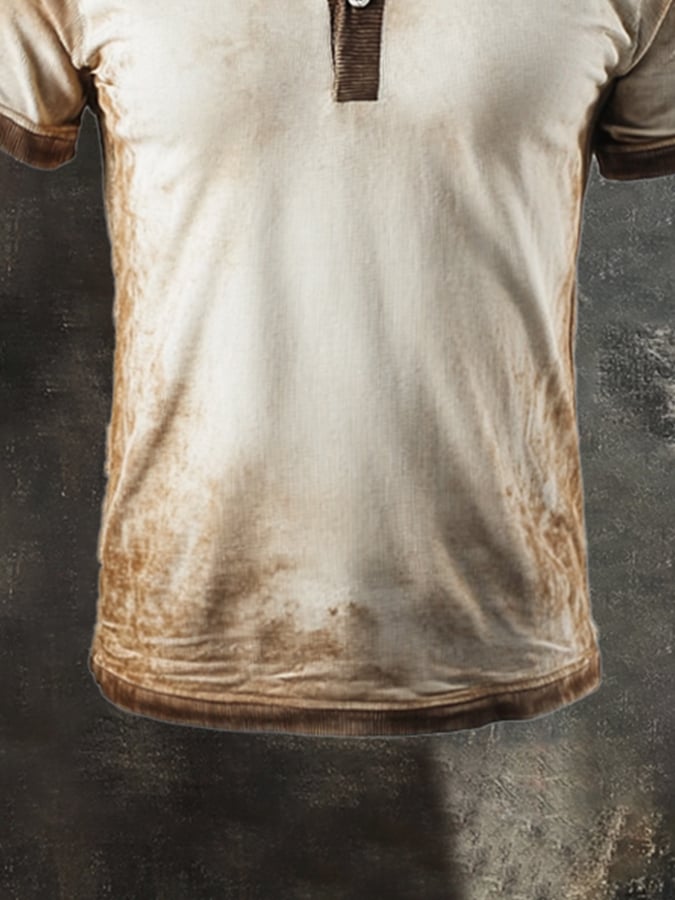 Men's Vintage Color Block Cotton Casual Henley Short Sleeve T-Shirt