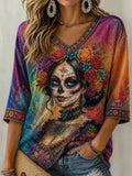 Women's Day Of The Dead Rose Wreath Sugar Skull Lady Gradient Print 3/4 Sleeve V-Neck T-Shirt