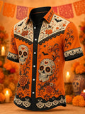 Men's Day Of The Dead Heart‐Ornament Skulls Floral Bat Print Short Sleeve Buttons Shirt