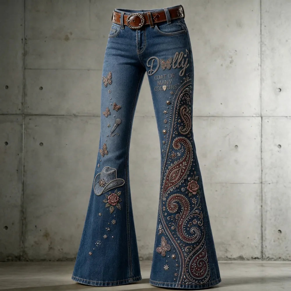 Women's Dolly Parton Coat of Many Colours Paisley Butterfly Printed Flare Jeans