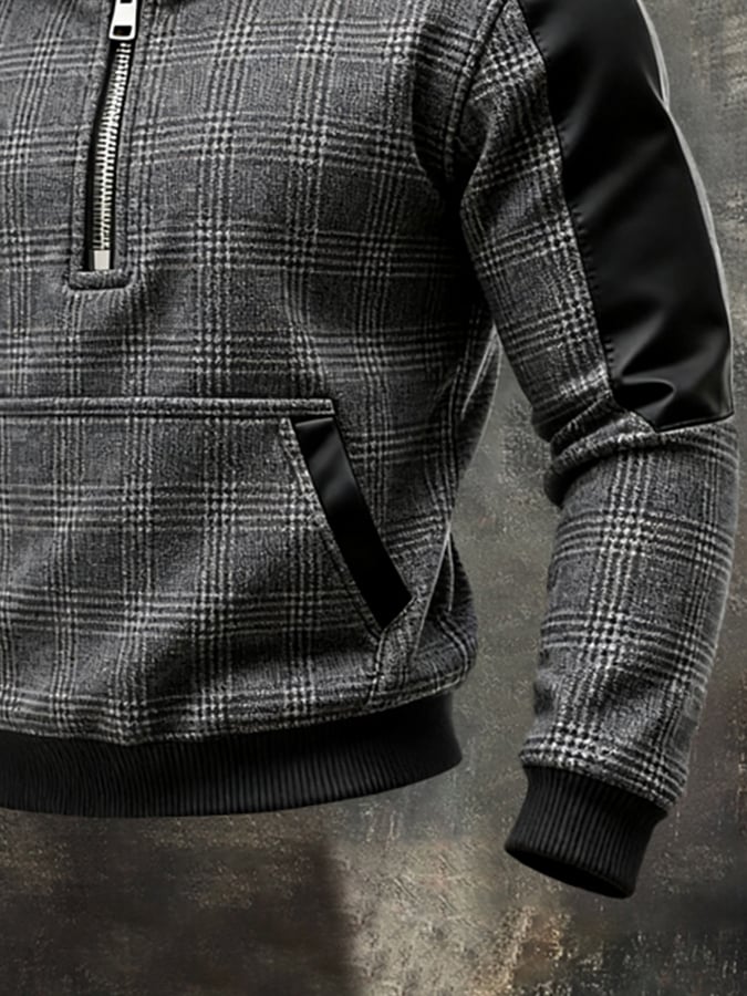 Men'S Vintage Plaid And Leather Panel Half-Zip Hoodie