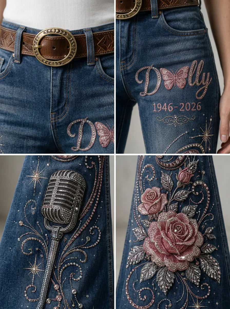 Women's Dolly Parton Butterfly Rose Microphone Printed Flare Jeans