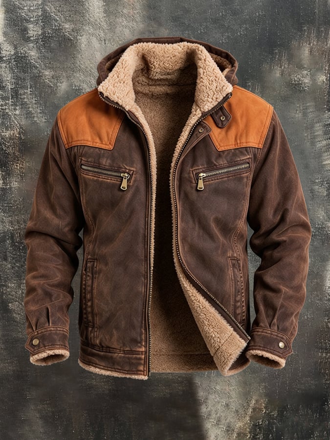 Men'S Vintage Western-Style Color-Block Hooded Shirt Jacket With Fleece Lining