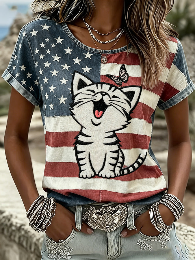 Women'S Casual Patriotic Cat Printed Short Sleeved T-Shirt