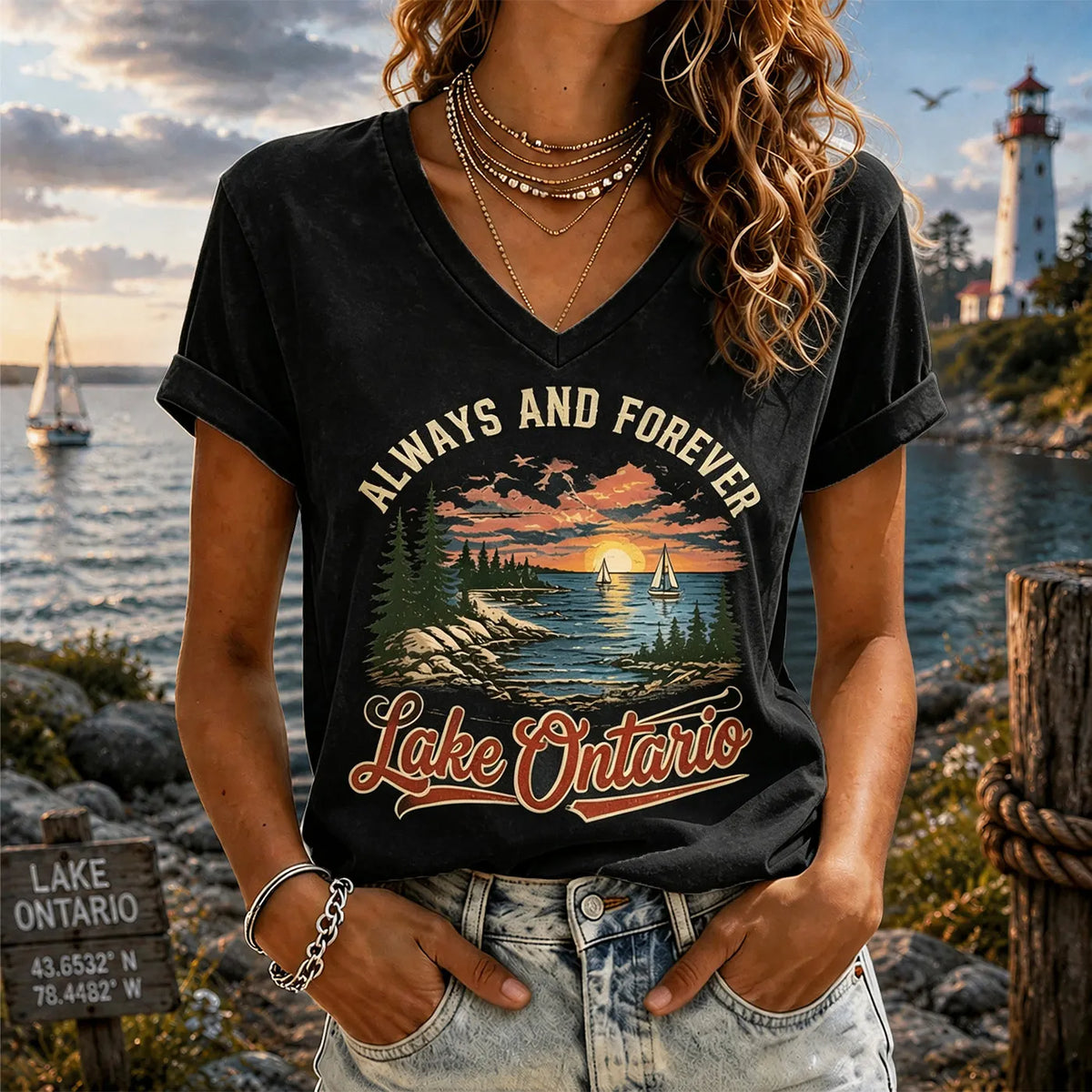 Retro Sunset Lakeside Ontario Timeless V-neck T-shirt