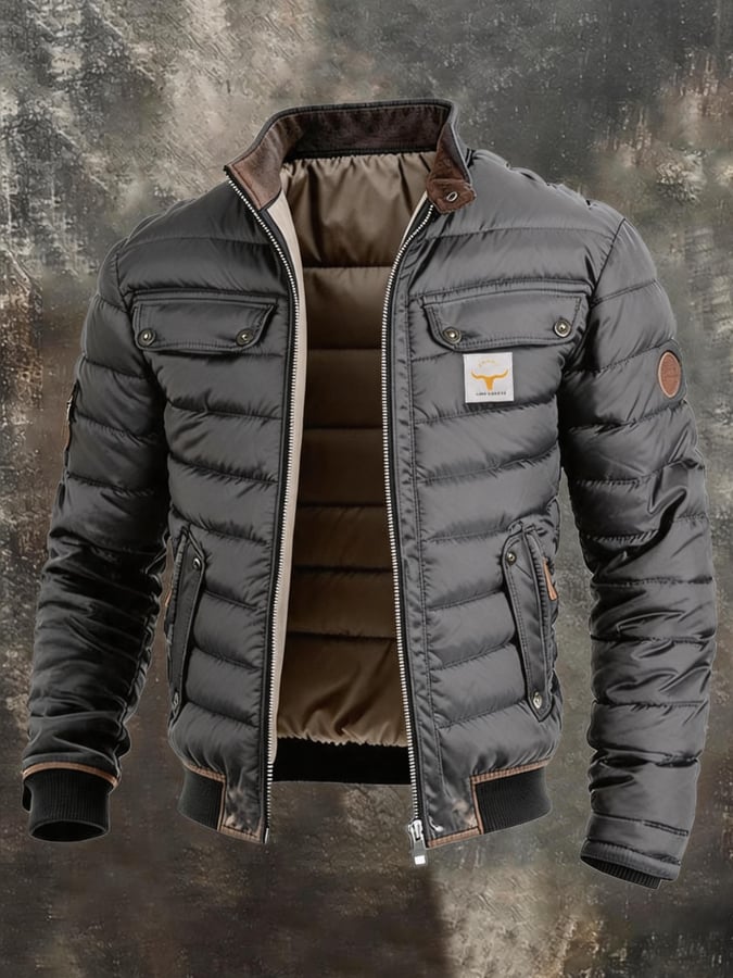 Men's Retro Leather Quilted Patchwork Warm Zipper Outdoor Jacket