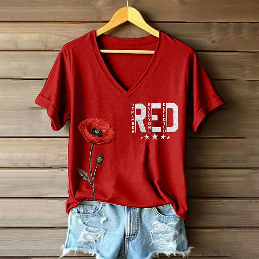 Women's Red Friday Inspired Print V-Neck T-Shirt