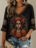 Women's Day Of The Dead Skull Lady Marigold Print 3/4 Sleeve V-Neck T-Shirt