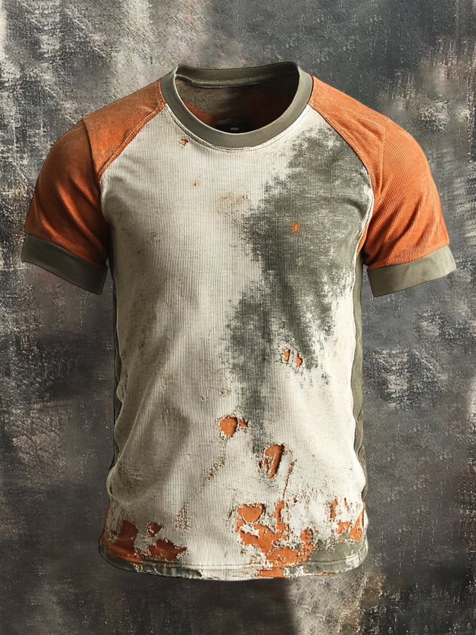 Men's round neck short sleeve t-shirt in retro color block design