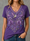 Women's Purple Floral Print V-Neck Top