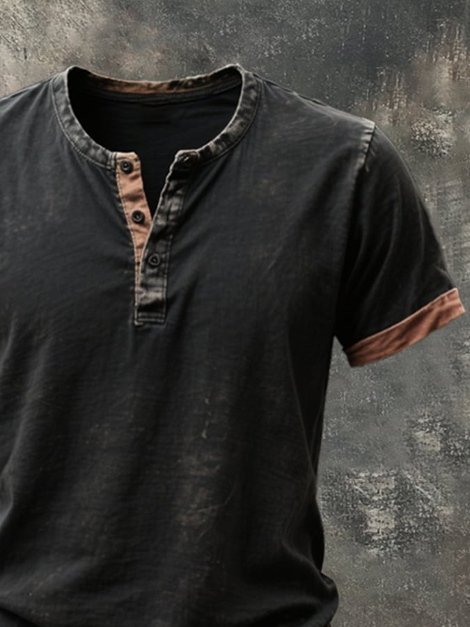 Men's Vintage Distressed Colorblock Casual Henley Short Sleeve T-Shirt