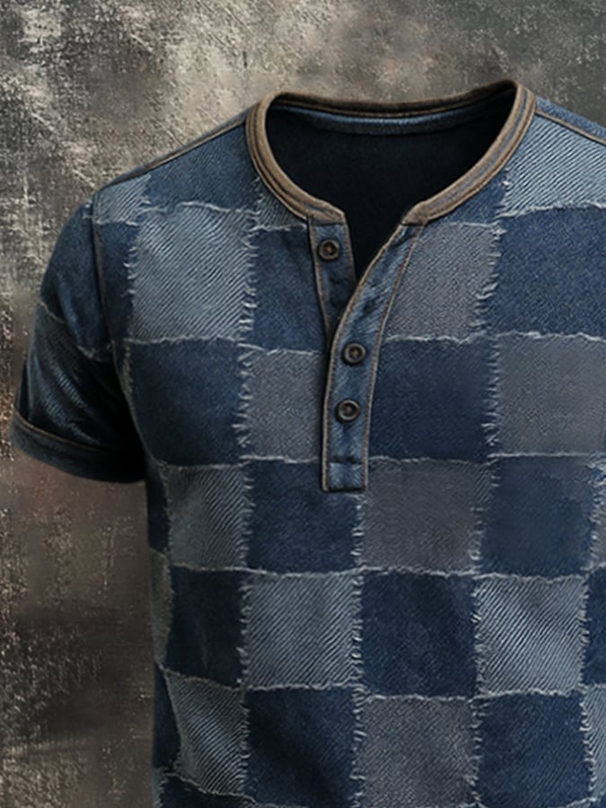 Men's Retro Plaid Colorblock Casual Henley Short Sleeve T-Shirt