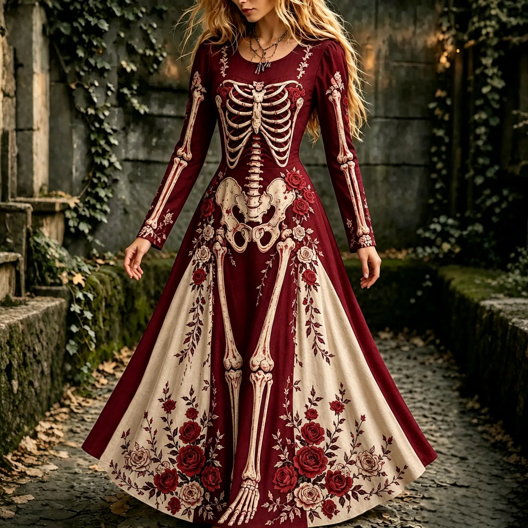 Women's Halloween Gothic Skeleton & Floral Long-sleeve Maxi Dress