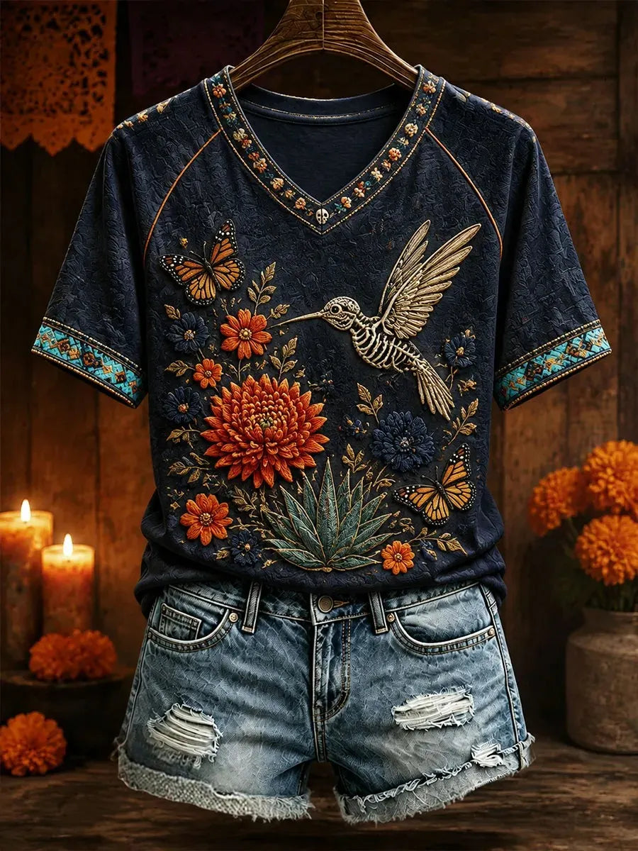 Women's Day Of The Dead Skeleton Hummingbird Marigolds and Butterflies Print V Neck Raglan T-Shirt