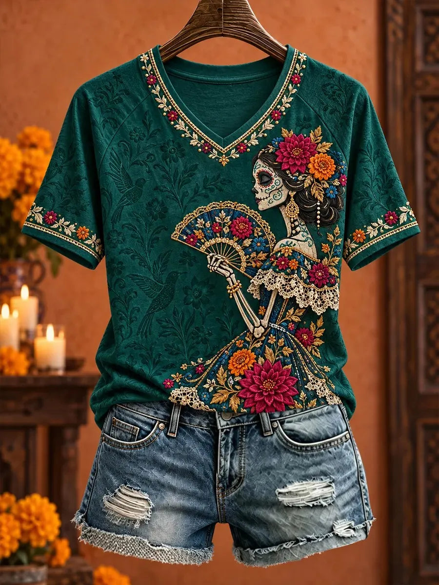 Women's Day Of The Dead Elegant Skeleton Lady Floral Print V Neck Raglan T-Shirt