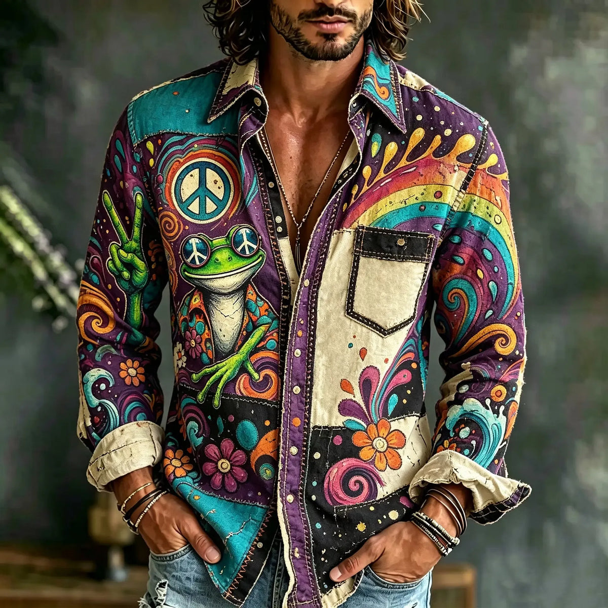 Men's Psychedelic Frog Rainbow Patchwork Hippie Art Print Shirt