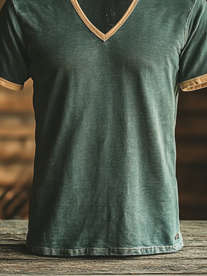 Men's Vintage Distressed V-Neck Contrast Color Edge Short Sleeve T-Shirt