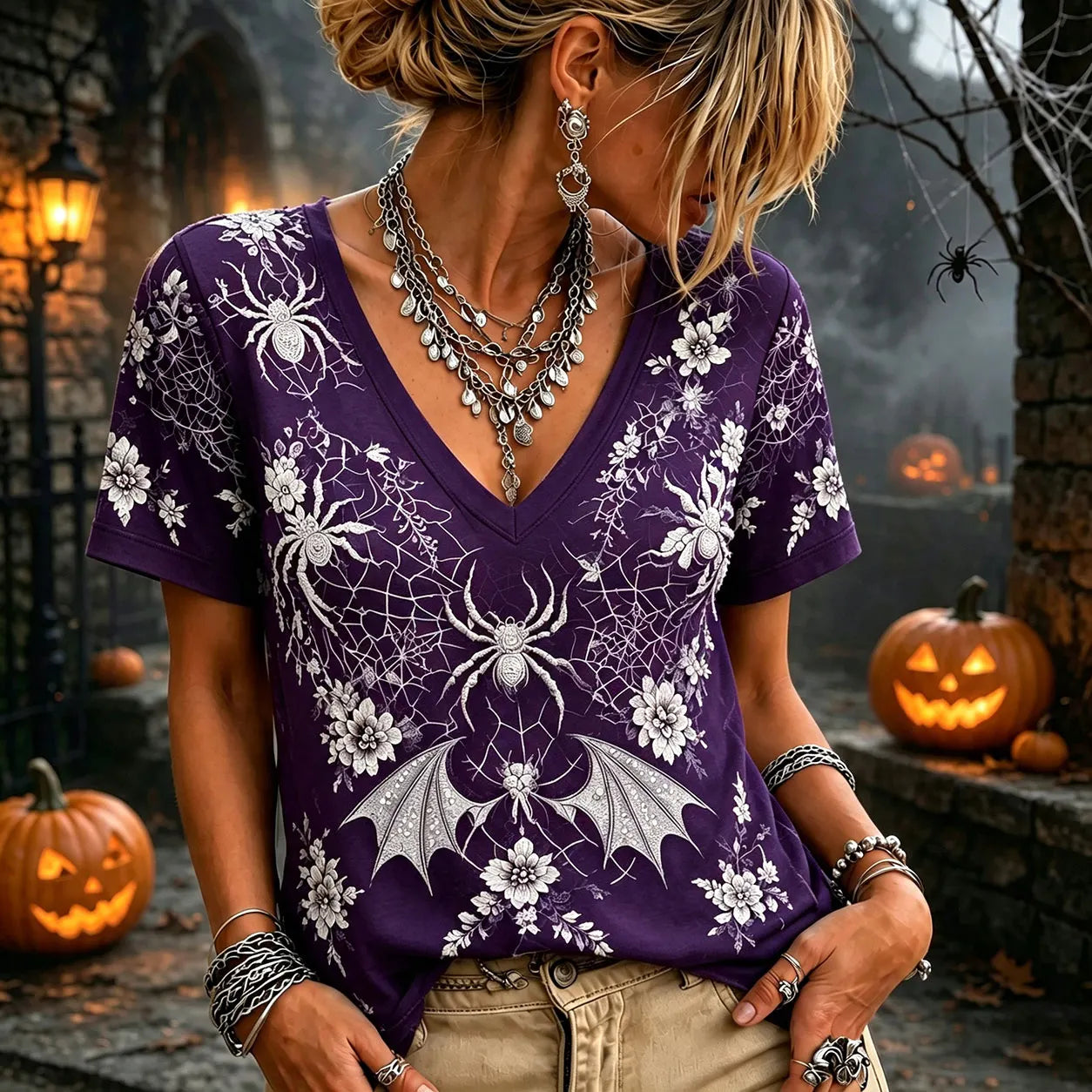 Women 3d Silver Spider Bat Floral Lace Mesh V Neck Short Sleeve Gothic Witch Halloween Top