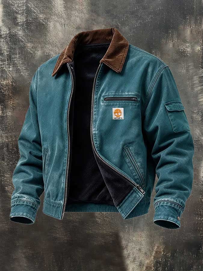 Men'S Retro Color-Block Corduroy Workwear Jacket With Fleece Lining And Zipper Closure