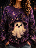 Women's Halloween Cute Ghost In Witch Hat Graphic Knit Sweater - Purple Spider Web & Star Pattern