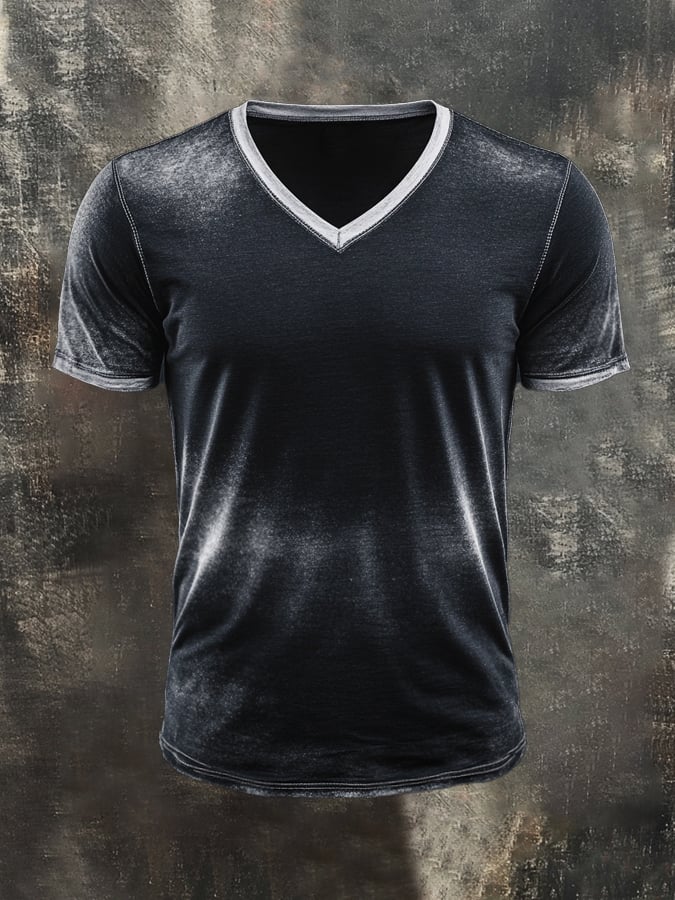 Men's V-neck T-shirt with washed seams in contrast color in retro style