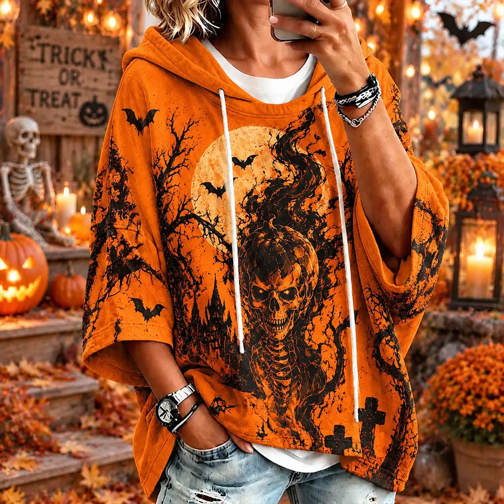 Women's Halloween Pumpkin Skeleton Moon Print Pullover Hoodie