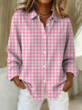 Women's Breast Cancer Pink Plaid Patchwork Print Linen Comfort Shirt