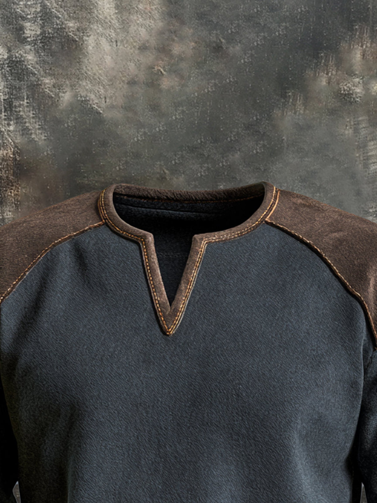 Men's Vintage-Style Distressed Color-Block Sweatshirt with Small V-Neck