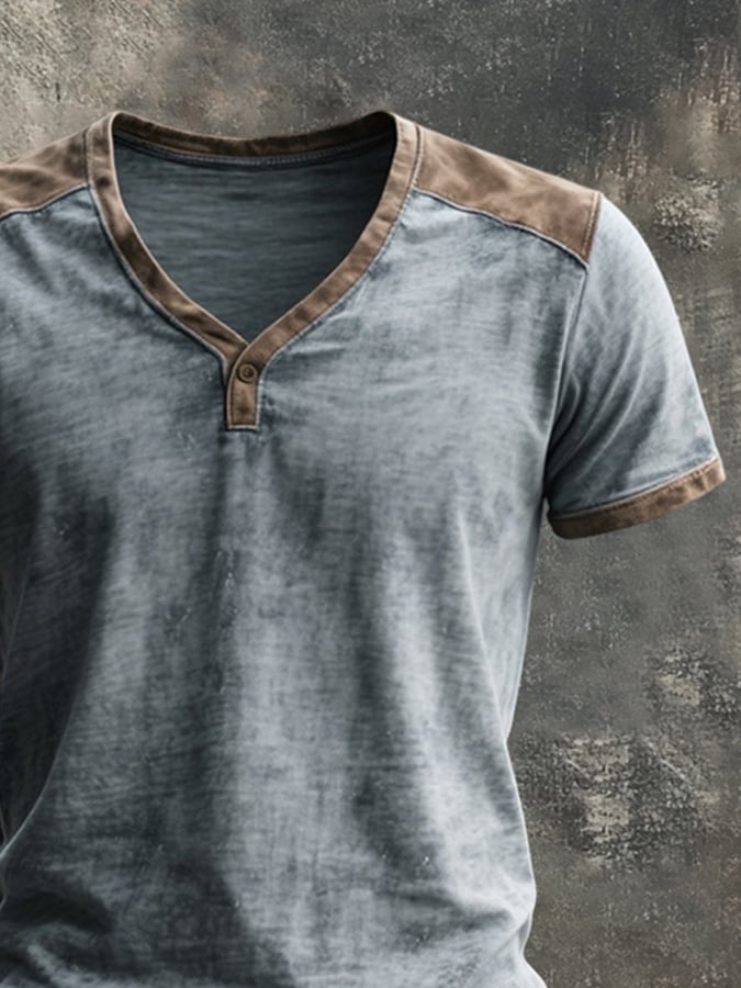 Men's retro wash colorblock V-neck short sleeve t-shirt