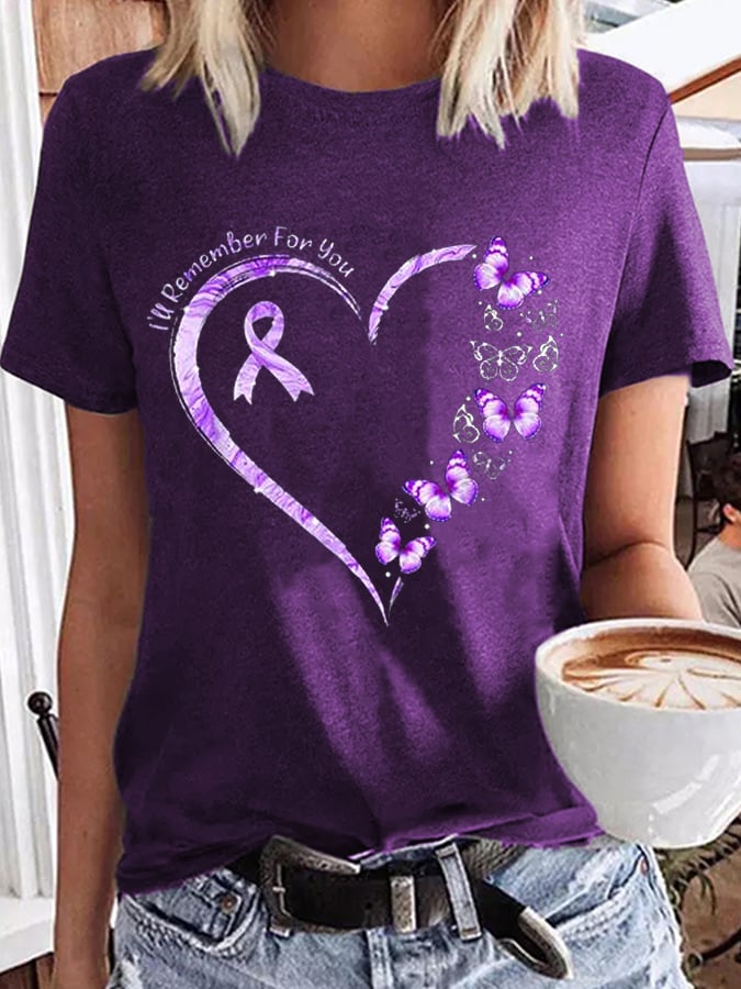 Women's Purple Ribbon Butterfly I Will Remember For You Alzheimer's Awareness Warrior Supporter Tee