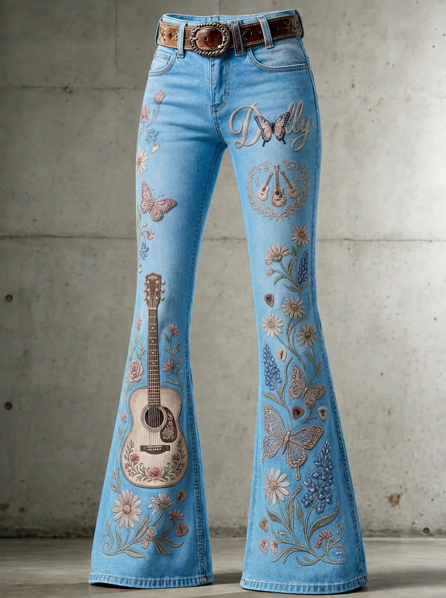 Women's Dolly Parton Guitar Butterfly Floral Printed Flare Jeans